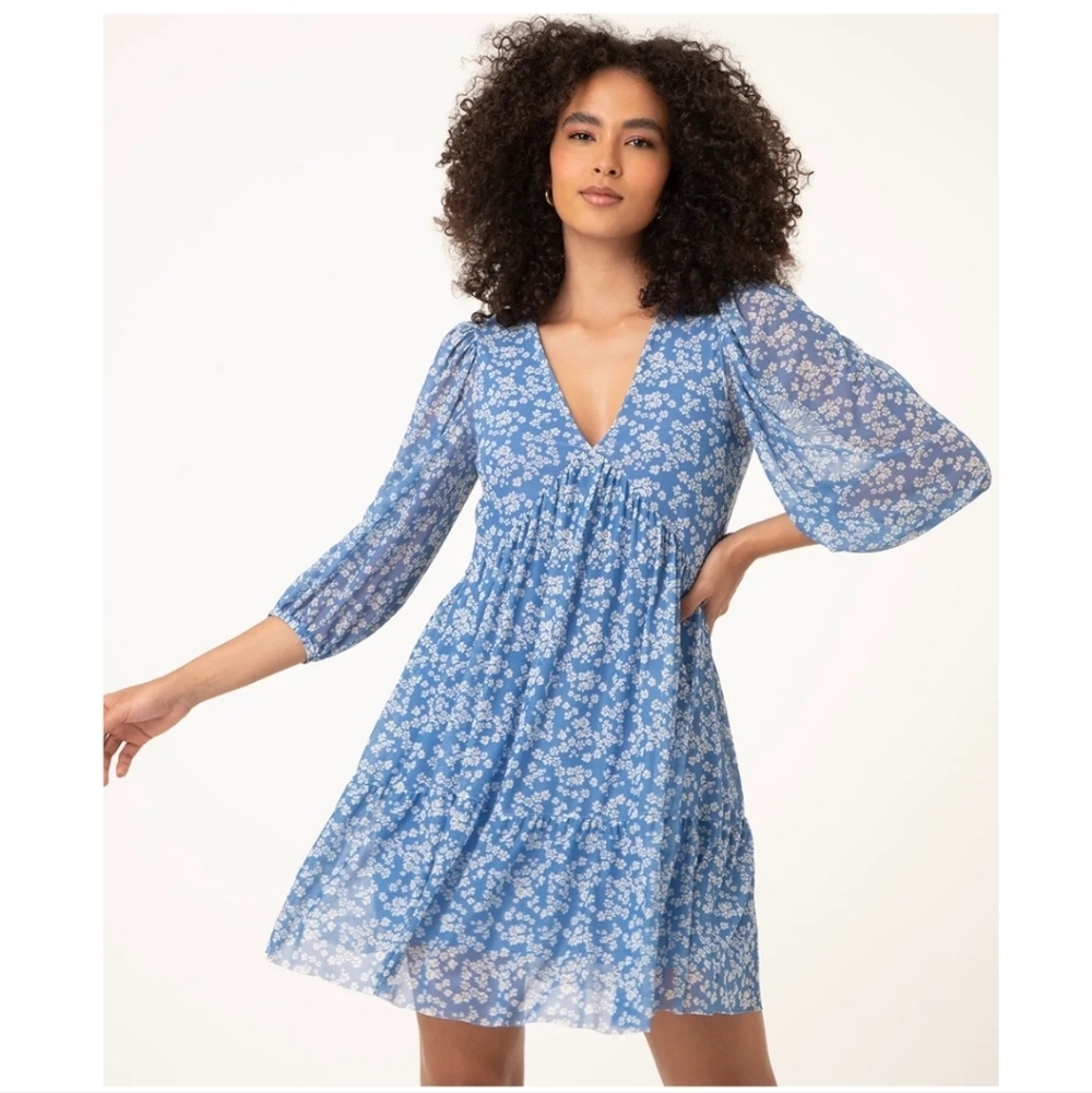 Vintage Y2K Parisian Cruise Wear Blue Floral Mesh Long Sleeve Mini Dress Large - Picture 1 of 9